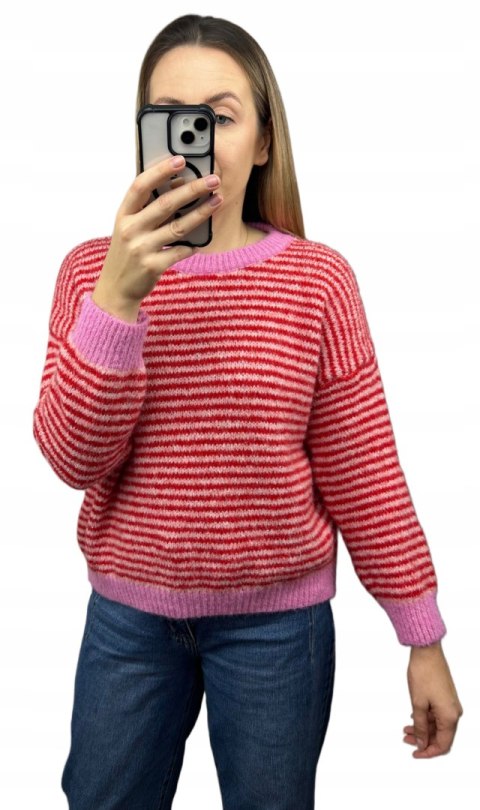 Sweter z wiskozą wełną w poziome paski luźny różowy czerwony- MARINA