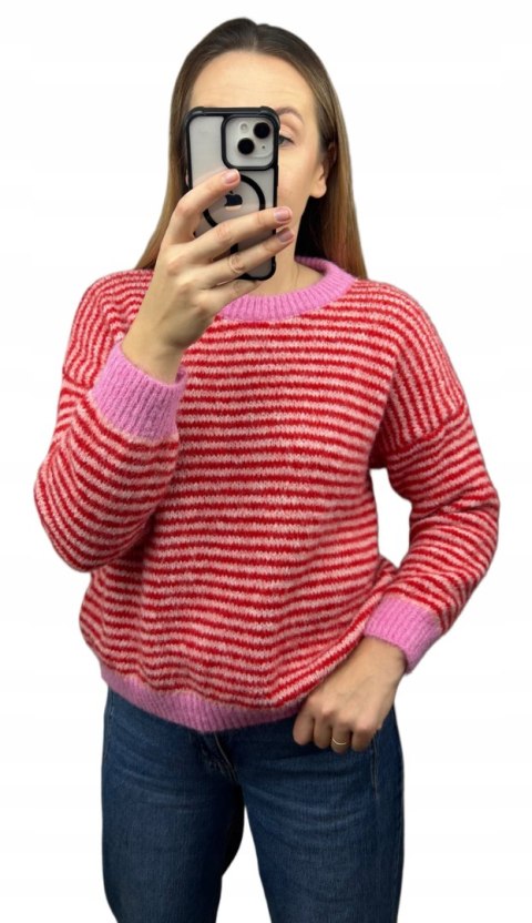 Sweter z wiskozą wełną w poziome paski luźny różowy czerwony- MARINA