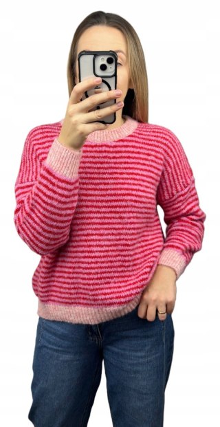 Sweter z wiskozą wełną w poziome paski luźny różowy czerwony- MARINA