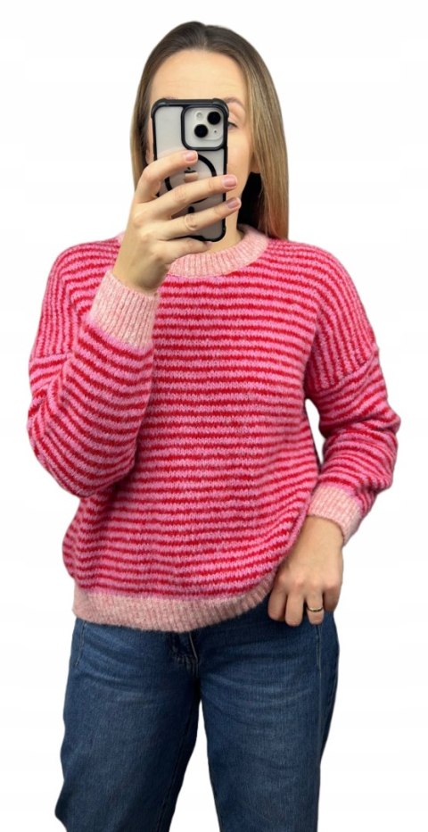 Sweter z wiskozą wełną w poziome paski luźny różowy czerwony- MARINA