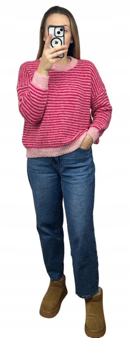 Sweter z wiskozą wełną w poziome paski luźny różowy czerwony- MARINA