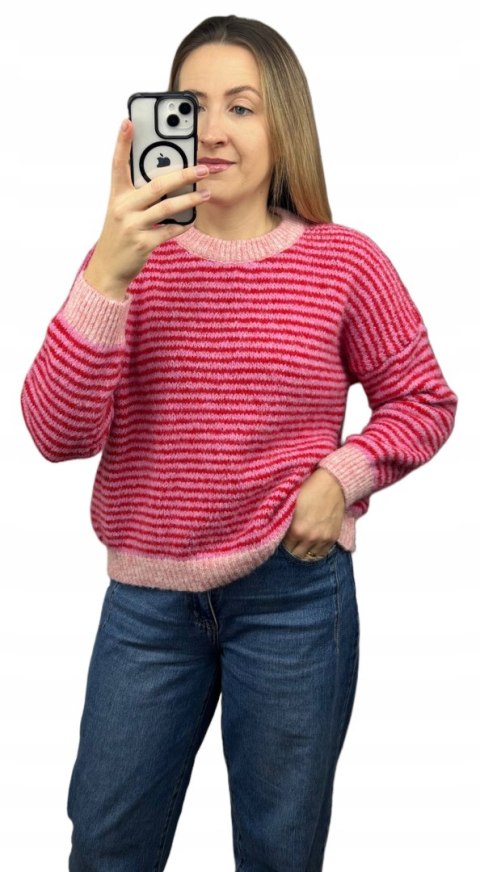 Sweter z wiskozą wełną w poziome paski luźny różowy czerwony- MARINA