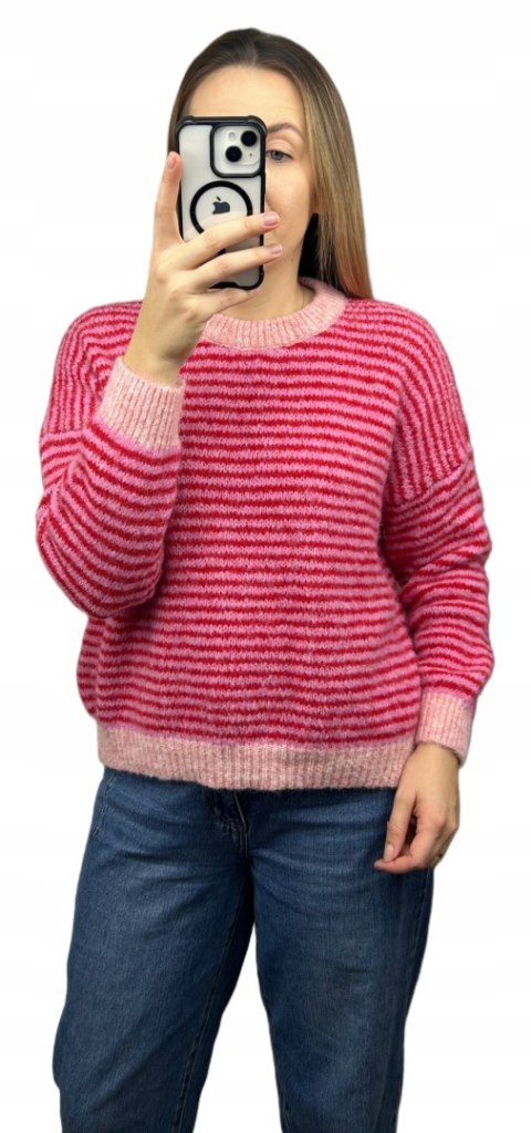Sweter z wiskozą wełną w poziome paski luźny różowy czerwony- MARINA