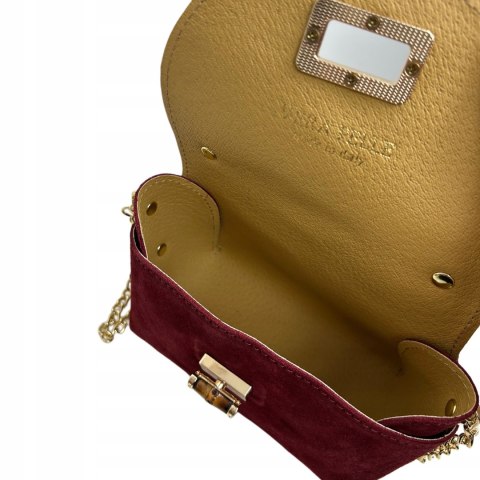 Torebka mała skóra naturalna zamsz zamszowa bordo łańcuszek Vera Pelle- MARZIA