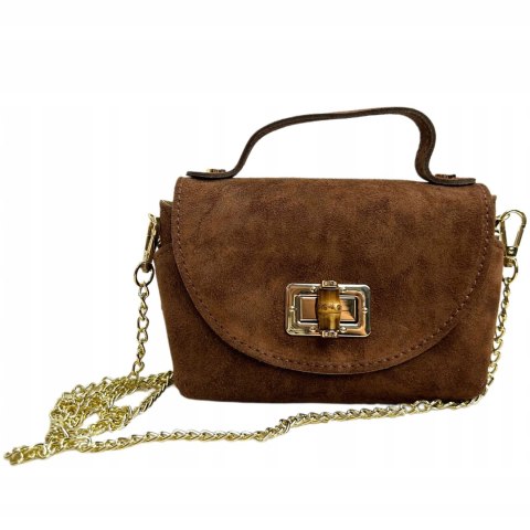 Torebka mała skóra naturalna zamsz zamszowa karmel łańcuszek Vera Pelle- MARZIA