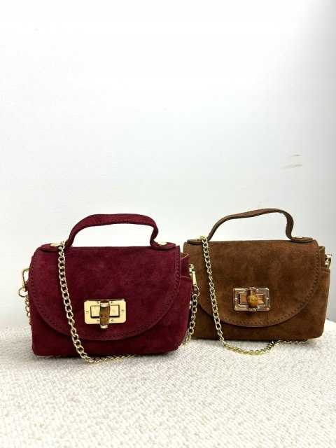 Torebka mała skóra naturalna zamsz zamszowa karmel łańcuszek Vera Pelle- MARZIA