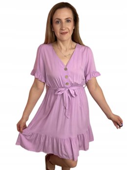 Krótka sukienka falbanka guziki rozkloszowana wiązanie wiskoza bawełna M/L