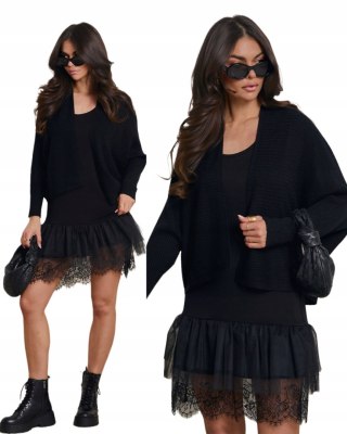 Czarna halka wiskozowa z koronką tiulem baza pod sweter krótka sukienka- LACE TIUL