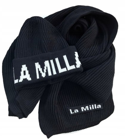Komplet prążek czapka i szalik czarny wiskoza wełna logo LAMILLA La Milla- ICON SET