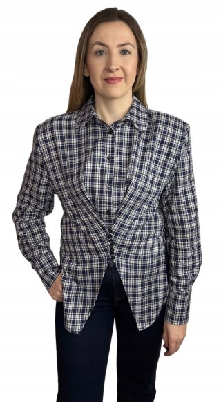 Koszula bawełniana taliowana w kratę gorset mankiety granatowa Lumina M- CORSETTA