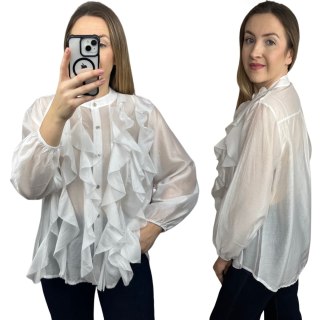 Koszula mgiełka biała efektowne falbany ze stójką lyocell Zeta Otto- RUBINA