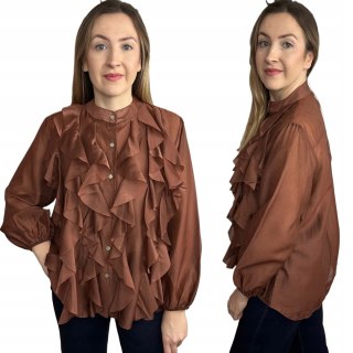 Koszula mgiełka brązowa efektowne falbany ze stójką lyocell Zeta Otto- RUBINA