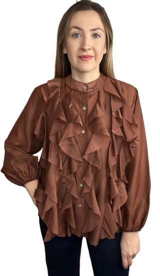 Koszula mgiełka brązowa efektowne falbany ze stójką lyocell Zeta Otto- RUBINA
