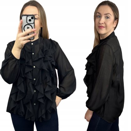 Koszula mgiełka czarna efektowne falbany ze stójką lyocell Zeta Otto- RUBINA