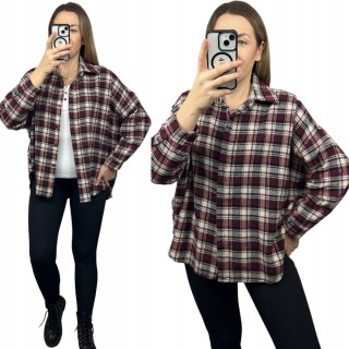 Koszula oversize flanelowa bawełniana wełniana w kratę bordo Azara- FLANELLI