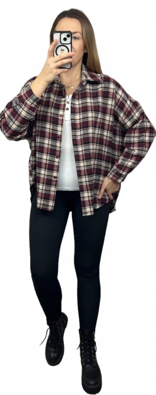 Koszula oversize flanelowa bawełniana wełniana w kratę bordo Azara- FLANELLI