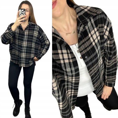 Koszula flanelowa oversize Azara beż czarna – przód