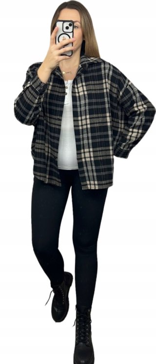 Koszula oversize flanelowa bawełniana wełniana w kratę czarna beż Azara- FLANELLI