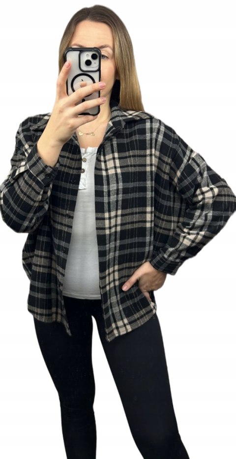 Koszula flanelowa narzutka beż czarny – przód