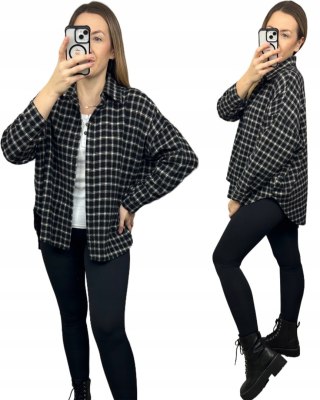 Koszula oversize flanelowa bawełniana wełniana w kratę czarna beżowa Azara- FLANELLI