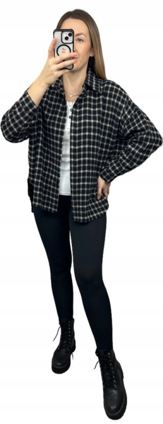 Koszula oversize flanelowa bawełniana wełniana w kratę czarna beżowa Azara- FLANELLI