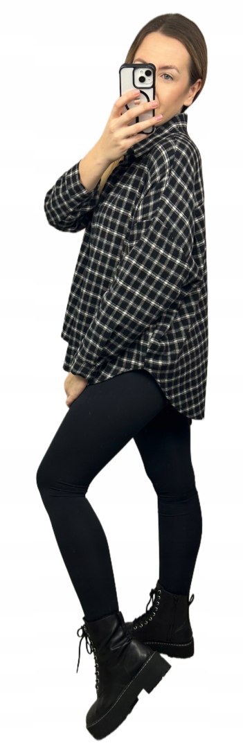 Koszula flanelowa Azara czarna beżowa – bok sylwetki