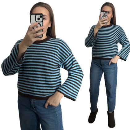 Luźny sweter poziome paski szeroki rękaw wiskoza wełna niebieski czekolada- STRIPY BELLA
