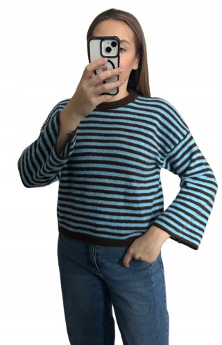 Luźny sweter poziome paski szeroki rękaw wiskoza wełna niebieski czekolada- STRIPY BELLA