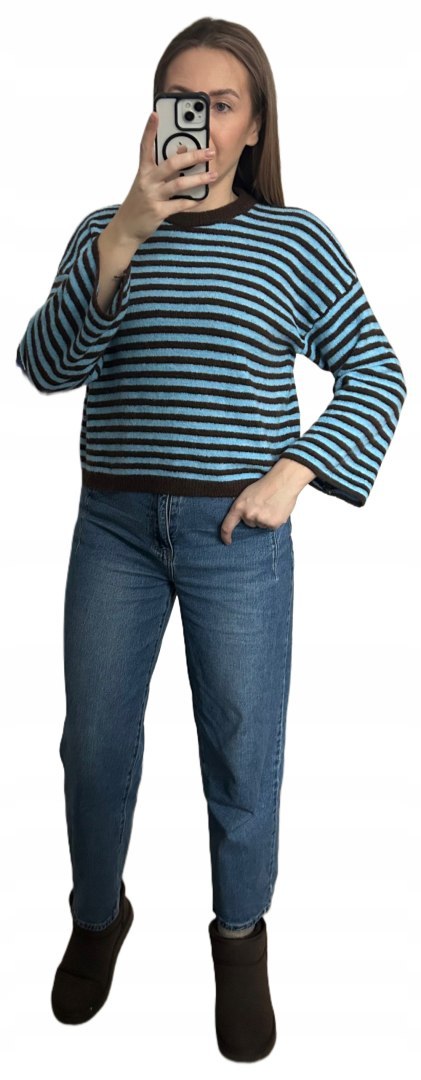 damski sweter niebiesko brązowy