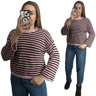Luźny sweter w poziome paski szeroki rękaw wiskoza wełna róż czekolada - STRIPY BELLA