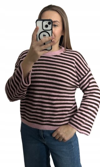 Luźny sweter w poziome paski szeroki rękaw wiskoza wełna róż czekolada - STRIPY BELLA