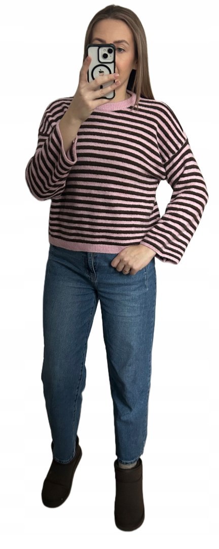 sweter STRIPY BELLA róż brąz stylizacja