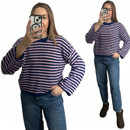 Luźny sweter w poziome paski szeroki rękaw wiskoza wełna róż granat- STRIPY BELLA