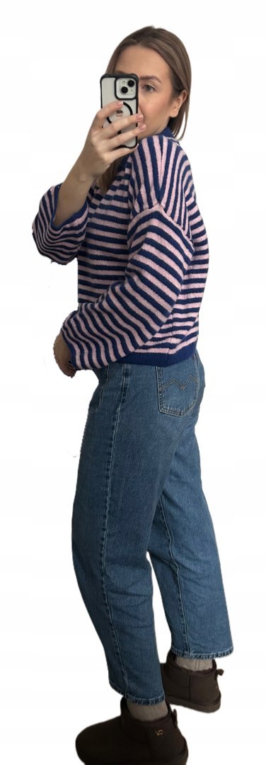 damski sweter granatowy paski BOKIEM