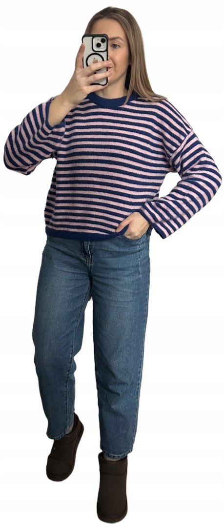 włoski sweter STRIPY BELLA granat róż