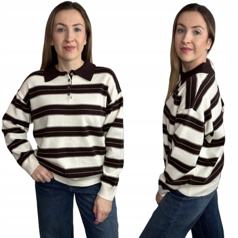 Luźny sweter z kołnierzem polo w paski oversize beżowy brązowy wiskoza- POLOLINE