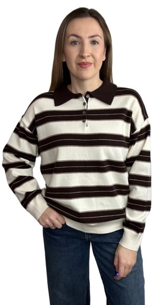 Luźny sweter z kołnierzem polo w paski oversize beżowy brązowy wiskoza- POLOLINE