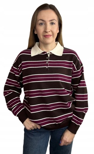 Luźny sweter z kołnierzem polo w paski oversize brązowy bordowy wiskoza- POLOLINE
