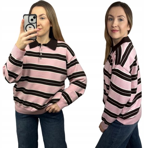 Różowy sweter polo damski – zestawienie dwóch ujęć przód + bok