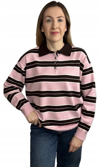 Luźny sweter z kołnierzem polo w paski oversize różowy brązowy wiskoza- POLOLINE