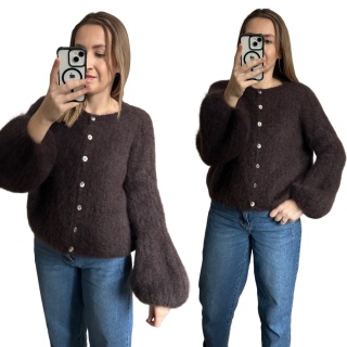 Sweter czekolada puszysty kid moher prążek szerokie rękawy dzwonki moherowy- SOFT BELL CARDI