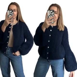 Sweter granatowy puszysty kid moher prążek szerokie rękawy dzwonki moherowy- SOFT BELL CARDI