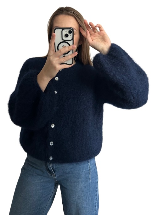 Sweter granatowy puszysty kid moher prążek szerokie rękawy dzwonki moherowy- SOFT BELL CARDI