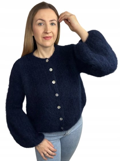 Sweter granatowy puszysty kid moher prążek szerokie rękawy dzwonki moherowy- SOFT BELL CARDI