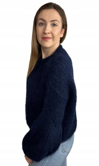 Sweter granatowy puszysty kid moher prążek szerokie rękawy dzwonki moherowy- SOFT BELL CARDI