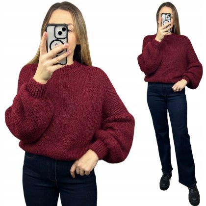 Sweter oversize bordowy bufiaste rękawy chmurka 12% kid moher wełna- CLOUDY