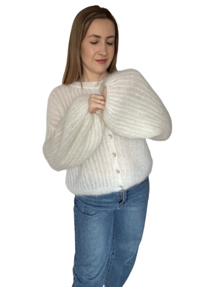 Sweter śmietanka puszysty kid moher prążek szerokie rękawy dzwonki moherowy- SOFT BELL CARDI