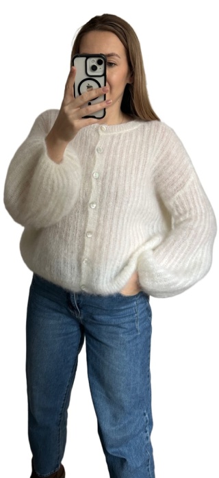 Sweter śmietanka puszysty kid moher prążek szerokie rękawy dzwonki moherowy- SOFT BELL CARDI