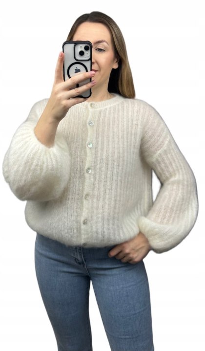 Sweter śmietanka puszysty kid moher prążek szerokie rękawy dzwonki moherowy- SOFT BELL CARDI