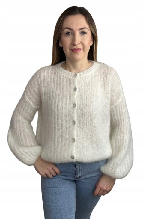 Sweter śmietanka puszysty kid moher prążek szerokie rękawy dzwonki moherowy- SOFT BELL CARDI